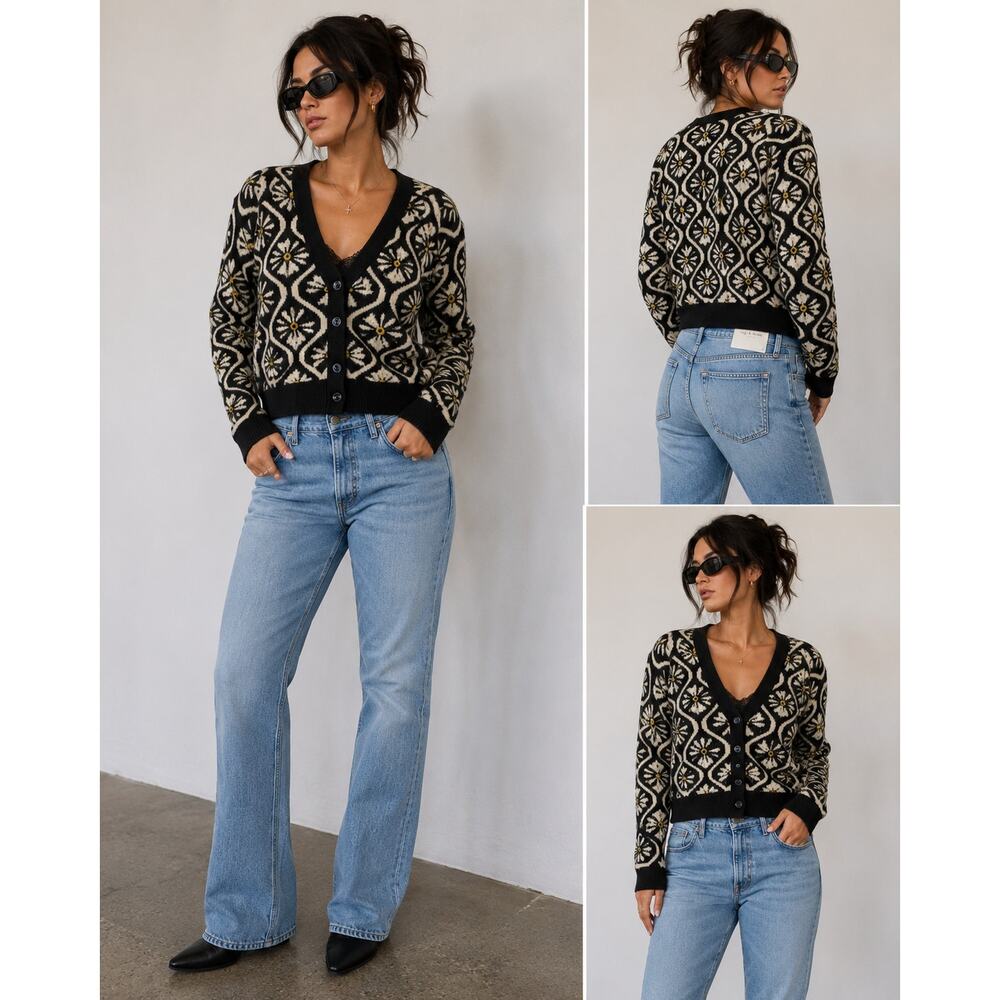 Volcom Daisy Floral Jacquard Cardigan Sweater Black Cream Mustard Women's L